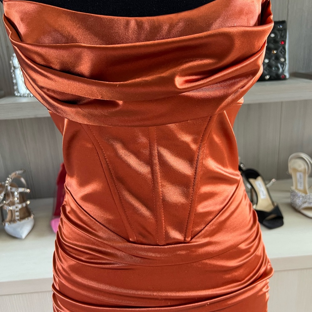 Oh Polly Strapless Satin Dress in Rust